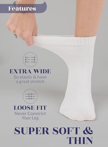 Hugh Ugoli Diabetic Socks for Women, Super Soft & Thin Ankle Socks, Wide & Loose, Non-Binding Top & Seamless Toe, 4 Pairs, White, Shoe Size: 6-9