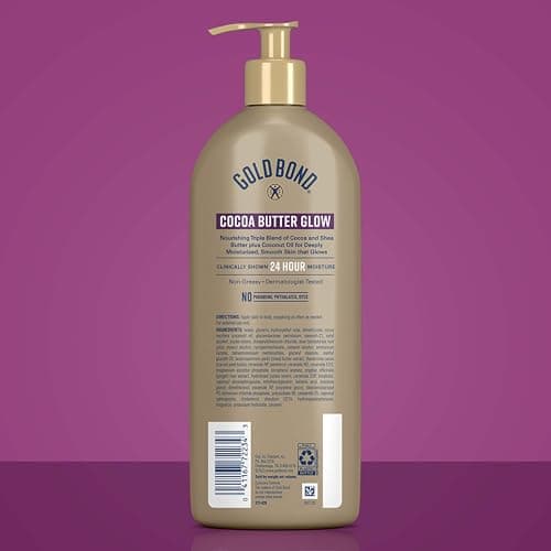 Gold Bond Cocoa Butter Glow Daily Hydrating Lotion with Cocoa Shea Butter & Coconut Oil, Exfoliating and Moisturizing Lotion for Dry Skin, 24 oz