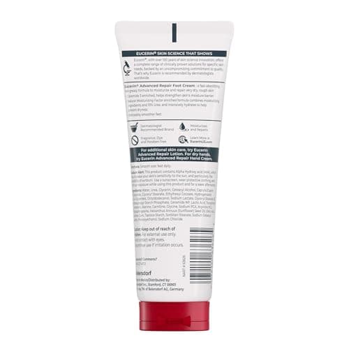 Eucerin Advanced Repair Foot Cream for Dry Feet and Heels, Repairs Very Dry, Rough Skin, Fragrance Free, Non Greasy, Fast Absorbing, Travel Size Lotion, 3 Oz Tube, Pack of 3