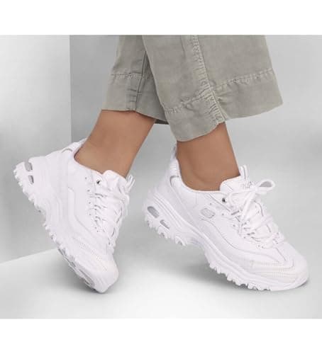 Skechers Women's D'Lites Memory Foam Lace-up Sneaker,White Silver,7.5 M US