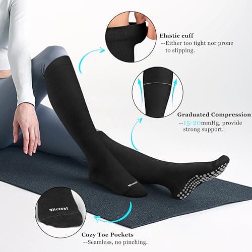 Blicount Cotton Compression Socks for Women&Men with Grips Non Slip 15-20 mmHg Knee High Graduated Hospital Sock for Nurse, Pregnancy, Travel, Yoga, Black
