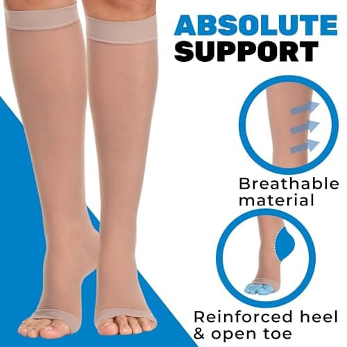 Made in USA - Sheer Compression Socks for Women 20-30mmHg with Open Toe - Toeless Graduated Support Knee High Stockings for Varicose Veins Circulation, Lymphedema, DVT - Beige, Small - A215