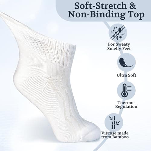 +MD Bamboo Viscose Ankle Diabetic Socks for Men & Women, 6 Pairs, Soft Cushioned, Non-Binding Loose Top, Extra Wide 13-15 White