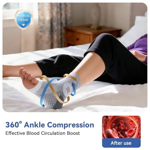 3 Pairs Neuropathy Socks for Women & Men, [Ultra Breathable] Plantar Fasciitis Socks for Achilles Tendonitis Relief, [20-30 mmHg Compression] Ankle Socks for Arch Support (Grey+Blue+Purple, Large)