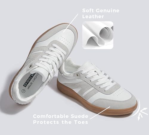 LUCKY STEP Women Classic Retro Gum Sole Fashion Sneakers Casual Tennis Skate Shoe Genuine Leather Walking Footwear Anti Slip Trainers(White/Grey,8)