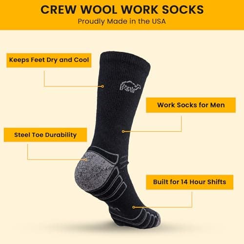 Camel City Mill Crew Wool Work Socks – Sweat-Wicking & Durable Wool Socks – Designed for Long Shifts - For up to 8" Boots (US, Alpha, Large, Regular, Regular, 1 Pack, Black)
