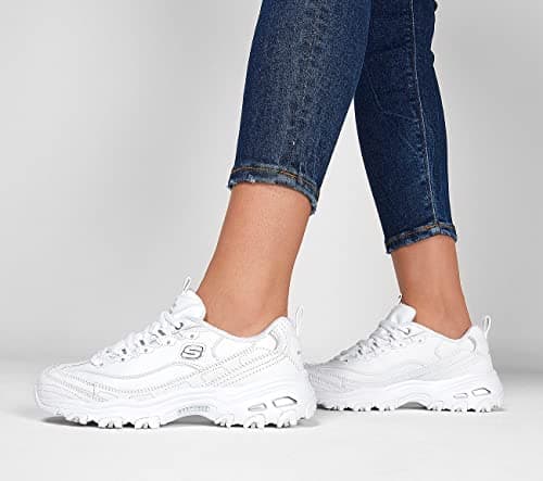Skechers Women's D'Lites Memory Foam Lace-up Sneaker,White Silver,7.5 M US