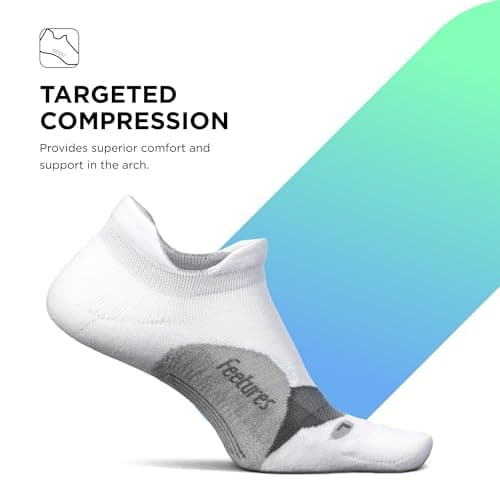 Feetures Elite Light Cushion No Show Tab Athletic Ankle Socks - Sport Sock with Targeted Compression - New White, M (3 Pair)