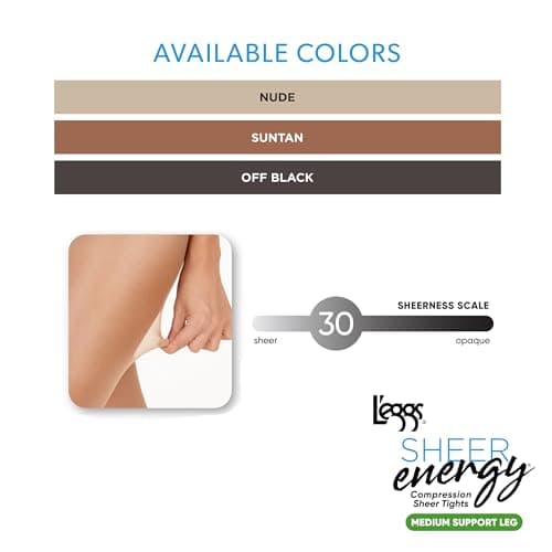 L'eggs Sheer Energy Medium Support Women's Compression Tights, Control Top, Reinforced Toe, Suntan, Size Q (Pack of 3)
