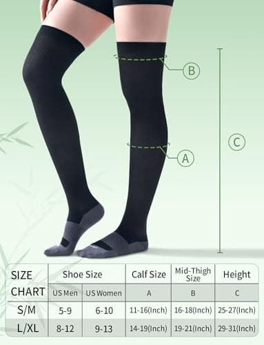 Bamboo Viscose Thigh High Compression Socks for Women Men 15-20 mmHg - Over Knee Compression Stockings with Grip Top