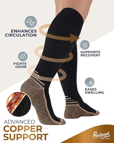 Pembrook 3 Pairs Copper Compression Socks Men 20-30 mmHg, Black Compression Socks, Support for Running Athletic Cycling Hiking, Good for Edema and Varicose Veins/Blk/3