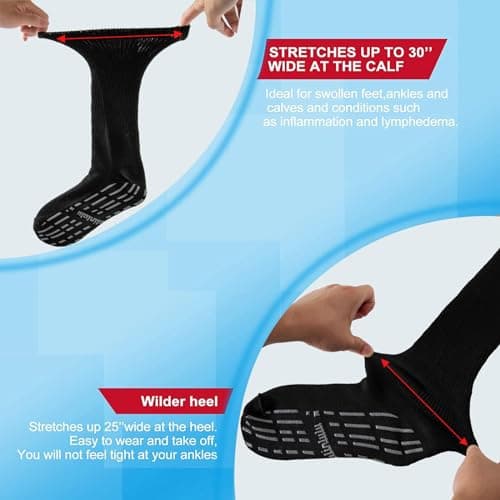 Bulinlulu Extra Width Diabetic Socks Women Men-4 Pairs Super Wide Edema Sock for Swollen Feet,Non Slip Cast Bariatric Hospital,Extra Width Neuropathy Lymphedema Socks with Grips- 4 Black