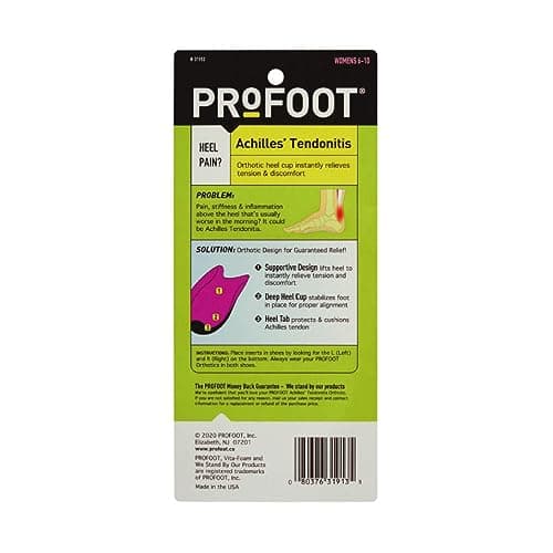 PROFOOT Achilles Tendonitis Orthotic Heel Cup for Women (Sizes 6-10) - Pain Relief Shoe Inserts for Heel Support & Alignment - 1 Pair
