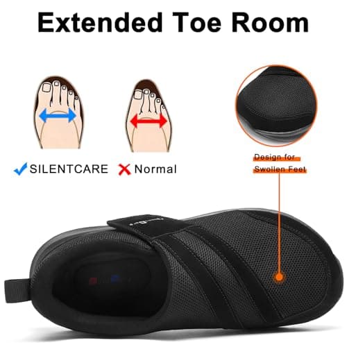 SILENTCARE Diabetic Shoes for Men Wide Toe Box Slip-on Shoes for Swollen Feet Adjustable Walking Shoes for Elderly Foot Pain Relief Neuropathy Black