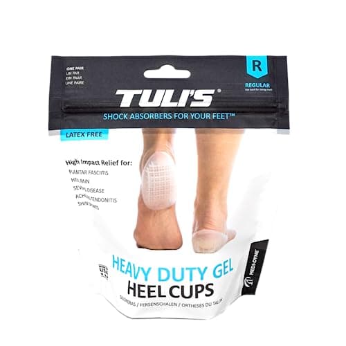 Tuli's Heavy Duty Gel Heel Cups, Cushion Insert for Plantar Fasciitis, Sever’s Disease, Shock Absorption, and Heel Pain Relief, 1 Pair, Regular