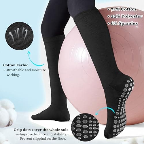 Blicount Cotton Compression Socks for Women&Men with Grips Non Slip 15-20 mmHg Knee High Graduated Hospital Sock for Nurse, Pregnancy, Travel, Yoga, Black