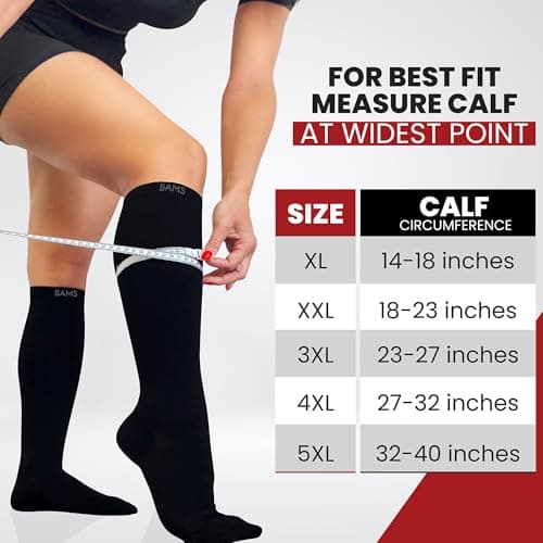 BAMS Plus Size Compression Socks Wide Calf XL XXL XXXL – Graduated Knee-High Support, Viscose from Bamboo Easy-On/Easy-Off (Black, 2X-Large)