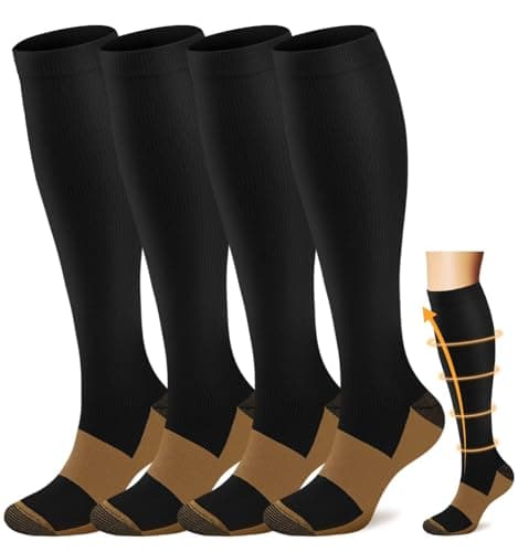ACTINPUT Copper Compression Socks Men Women Circulation 4 Pairs-Best Support for Nurses,Running,Cycling,Flying,Gift Idea (Black, Large/X-Large)