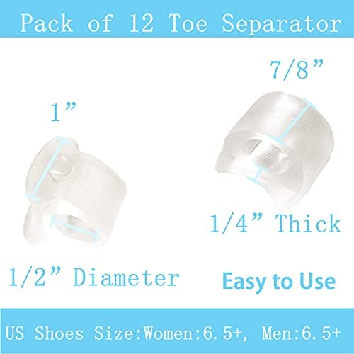 MENOCADY Pack of 12 Gel Toe Separator, (1/4" Thick) Big Toe Spacers, Single Loop Toe Spreader for Bunions, Overlapping Toe, Corrector and Spacer (Clear)