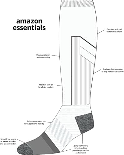 Amazon Essentials Men's Knee High Graduated Compression Socks for Circulation, Swelling, Arch Support, 3 Pairs, Black, 8-12