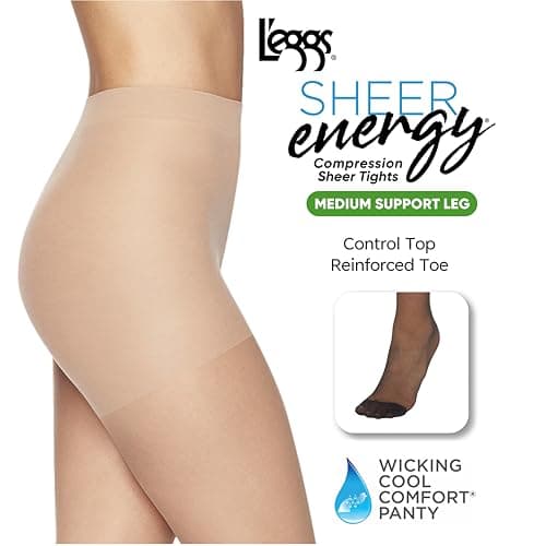 L'eggs Sheer Energy Medium Support Women's Compression Tights, Control Top, Reinforced Toe, Suntan, Size Q (Pack of 3)