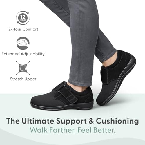 Orthofeet Women's Orthopedic Wichita Adjustable Stretch Fabric Casual Shoe, Black, Size 8.5