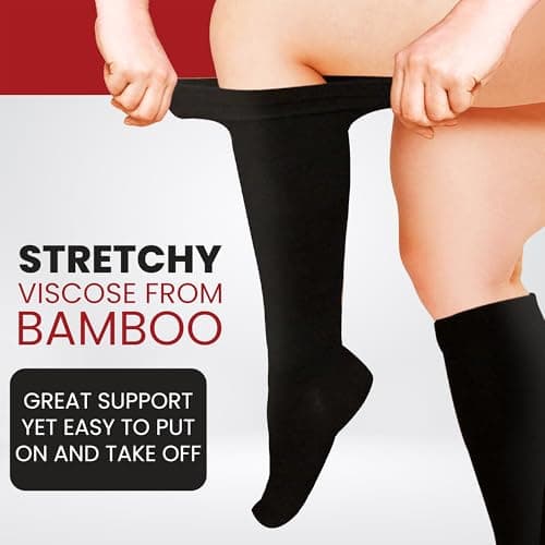 BAMS Plus Size Compression Socks Wide Calf XL XXL XXXL – Graduated Knee-High Support, Viscose from Bamboo Easy-On/Easy-Off (Black, 2X-Large)