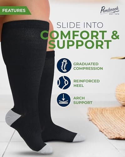 Pembrook 3 Pairs Plus Size Compression Socks Wide Calf - Bamboo Viscose Compression Socks Men, Knee High, Black