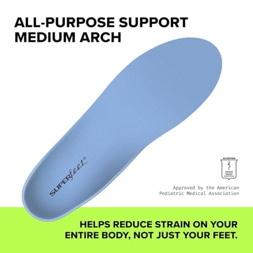 Superfeet All-Purpose Support Medium Arch Insoles (Blue) for Active Lifestyle with Medium Arch Support - Men 9.5-11 / Women 10.5-12