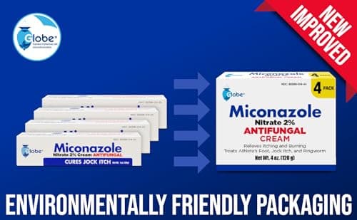 Globe (4 Pack) Miconazole Nitrate 2% Antifungal Cream, Cures Athletes Foot, Jock Itch, Ringworm and More. 1 OZ Tube