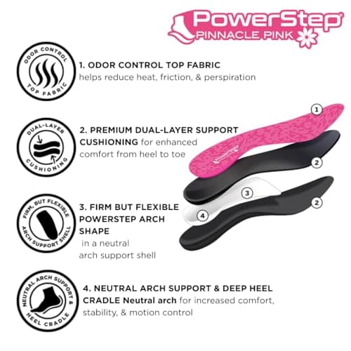PowerStep Pinnacle Pink Orthotics for Women, Arch Support Inserts, Plantar Fasciitis Relief, Made in USA, Shoe Inserts, Maximum Cushioning, Deep Heel Cup for Pronation (W 8-8.5, M 6-6.5)