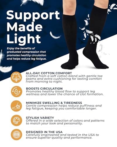 Pembrook Cotton Light Compression Socks for Men - 3 Pairs | 8-15 mmHg Men Compression Socks, Knee High Comfort and Fatigue Relief | Black