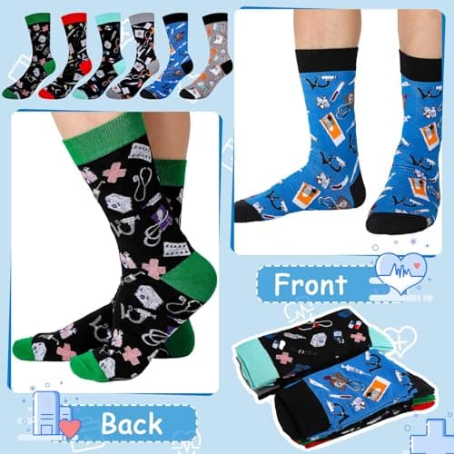 Hercicy 6 Pairs Nurse Socks for Men, Funny Medical Crew Socks Male, Nurse Week Appreciation Gifts, Nursing Graduation Gifts for Hospital Workers