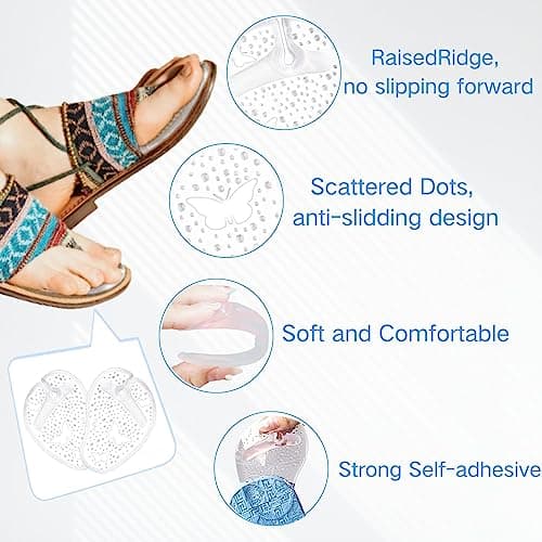 Gel Metatarsal Pads for Thong Sandals Flip-Flops, 2Pairs Forefoot Cushion Inserts, Ball of Foot Grip Pads for Metatarsal Support and Pain Relief, Anti-Slip