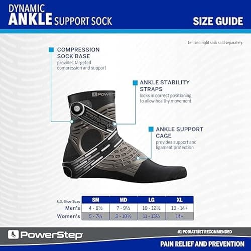 PowerStep Dynamic Ankle Support Sock, Ankle Brace and Ankle Compression Sock, for Flexibility, Ankle Support and Injury Prevention, Pain Relief, Unisex (Right Medium, Men's 7-9.5, Women's 8-10.5)
