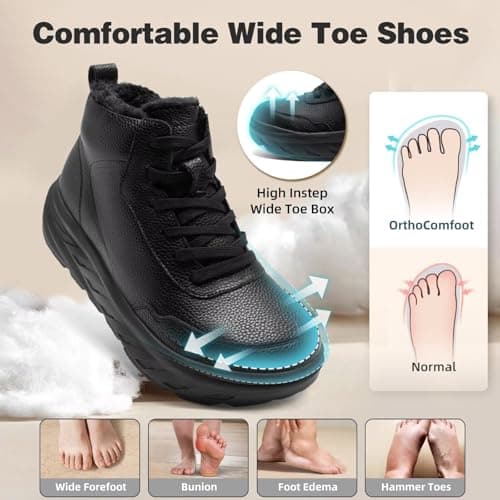 Women's Orthopedic Diabetic Wide Leather Winter Ankle Boots: Warm Plantar Fasciitis Hammer Toes Bunions Recovery Walking Shoes, Comfort Arch Support Leisure Tennis Travel Oxford Boots Black Size 7.5