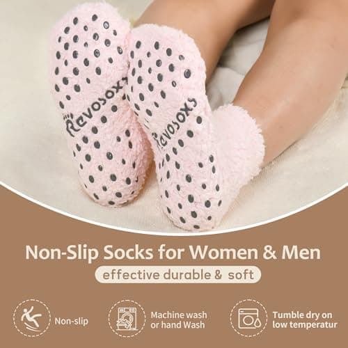 Revosoxs Fuzzy Grip Socks for Women Men,Thick Warm Slipper Cozy Fluffy Non Slip Ankle Hospital socks With Grips(Pink+Grey+Green+Purple)