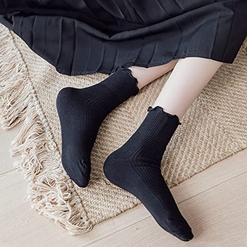 Mcool Mary Womens Crew Socks Black Ruffle Turn-Cuff Dress Socks Casual Cotton Knit Warm Comfy Lettuce Frilly Ankle Socks For Women 6 Pack