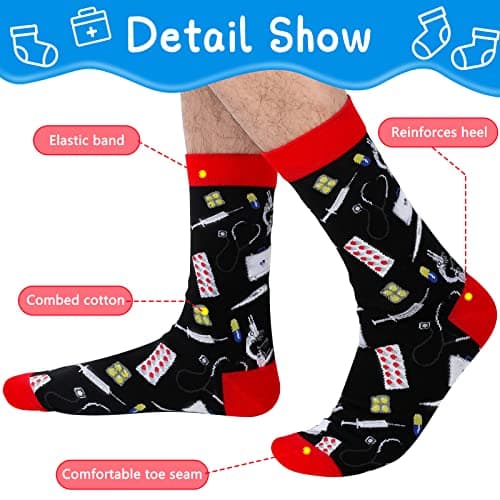 Hercicy 6 Pairs Nurse Socks for Men, Funny Medical Crew Socks Male, Nurse Week Appreciation Gifts, Nursing Graduation Gifts for Hospital Workers