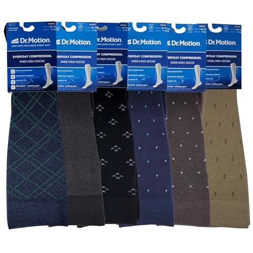 Dr. Motion Men's Knee High Compression Socks 8-15 mmHg ( 6 Pairs Pack ) (US, Numeric, 10, 13, Regular, Regular, Assorted Classic Design)