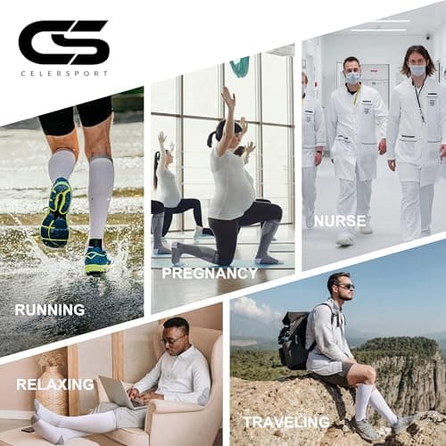 CS CELERSPORT 3 Pairs Compression Socks for Men and Women Running Support Socks Gifts for Men, Black + White + Grey, Large/X-Large