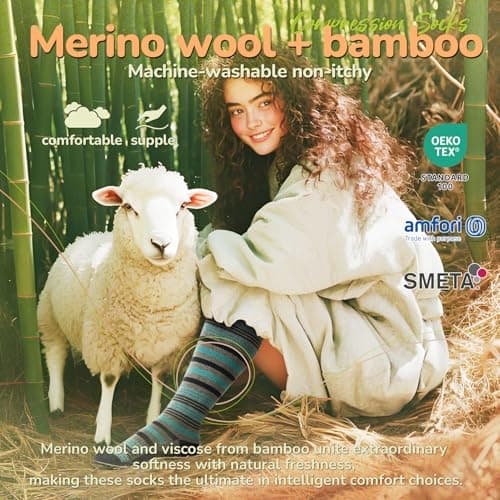 Iambamboo Merino Wool Compression Socks for Women Men, 15-20 mmHg Knee High Socks for Flying, Travel, Running