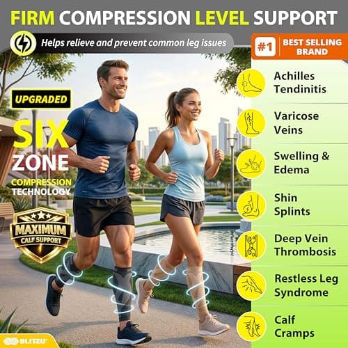 BLITZU Calf Compression Sleeve for Women and Men, Shin Splint Sleeves for Varicose Veins, Nursing, Pregnancy, Running, Footless Compression Socks Support for Calf Muscle Pain Relief Black XXL