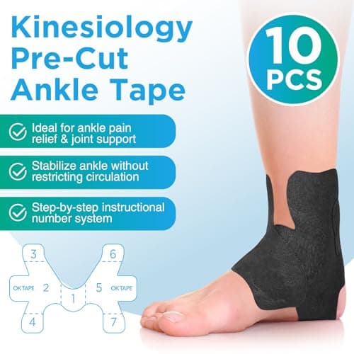 OK TAPE Precut Kinesiology Ankle Tape, 10 Pcs, Pain Relief, Prevent Ankle Sprain, Provide Support for Ankle Ligament, Elastic Athletic Tape, Breathable Kinetic Tape for Daily use - Black