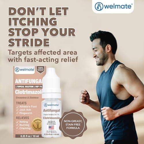 WELMATE Clotrimazole 1% Antifungal Topical Solution | 0.33 fl oz (10mL) Athlete's Foot, Jock Itch, Ringworm Treatment & Ear Drops, Greaseless Non-Staining, Fast Relief for Itchy, Burning Skin