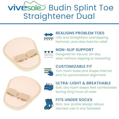 VIVEsole Budin Splint Toe Straightener (Pair) - Hammer Toe Corrector for Women, Men - Crooked Toe, Joint Realign Cushion Brace for Claw, Curled Toes - Metatarsal Support Loop Guard Alignment Wrap