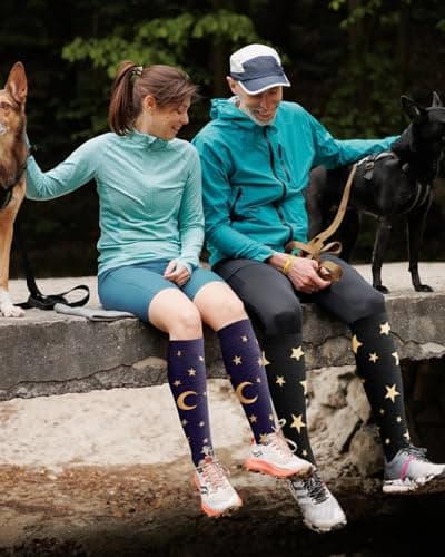 Lalapapa Bamboo Viscose Compression Socks for Women Men - 2 Pairs 15-20mmHg Knee High Graduated Compression Socks for Women Men Cute Breathable for Nurse Pregnancy Travel, Moon & Stars, S / M