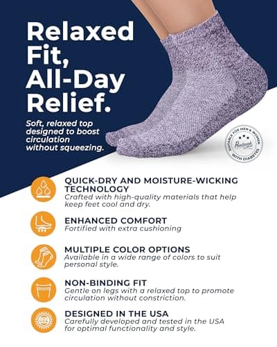 Pembrook Ankle Diabetic Socks for Men & Women | 6 Pairs | Black, White, Blue, Light Blue, Pink, Purple | Mens Diabetic Socks | Diabetic Sock for Men 9-12 | Ankle Neuropathy Socks for Men