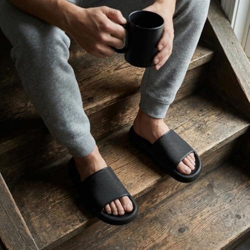 CUSHIONAIRE Feather EVA Mens Sandals – Slip On Recovery Slides, Lightweight Water Shoes for Men, BLACK 11
