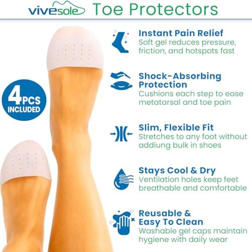 ViveSole Toe Protectors for Women & Men (4 Pcs) - Silicone Sleeve Covers for Feet - Foot Gel Caps for Pain Relief, Pressure Sores for Shoes, Work Boots - Blister Protection, Breathable Cushion Guards